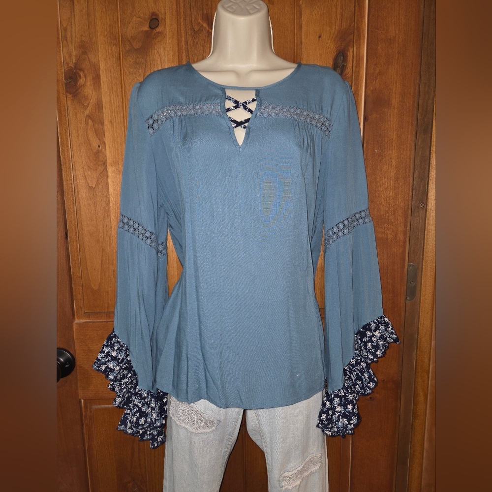 Love Blue Blouse with Lace Accents